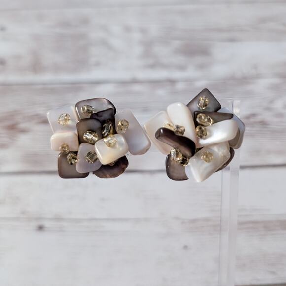 Vintage Clip On Earrings Large Cream & Brown Tones - Picture 1 of 8